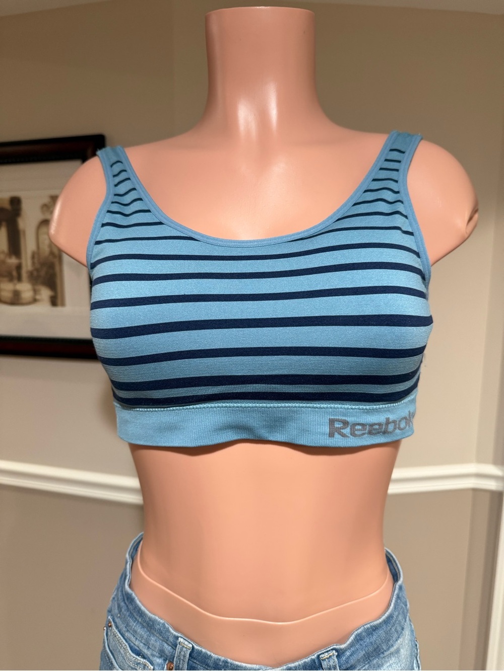 Reebok Light Blue and Navy Striped Seamless Sports Bra